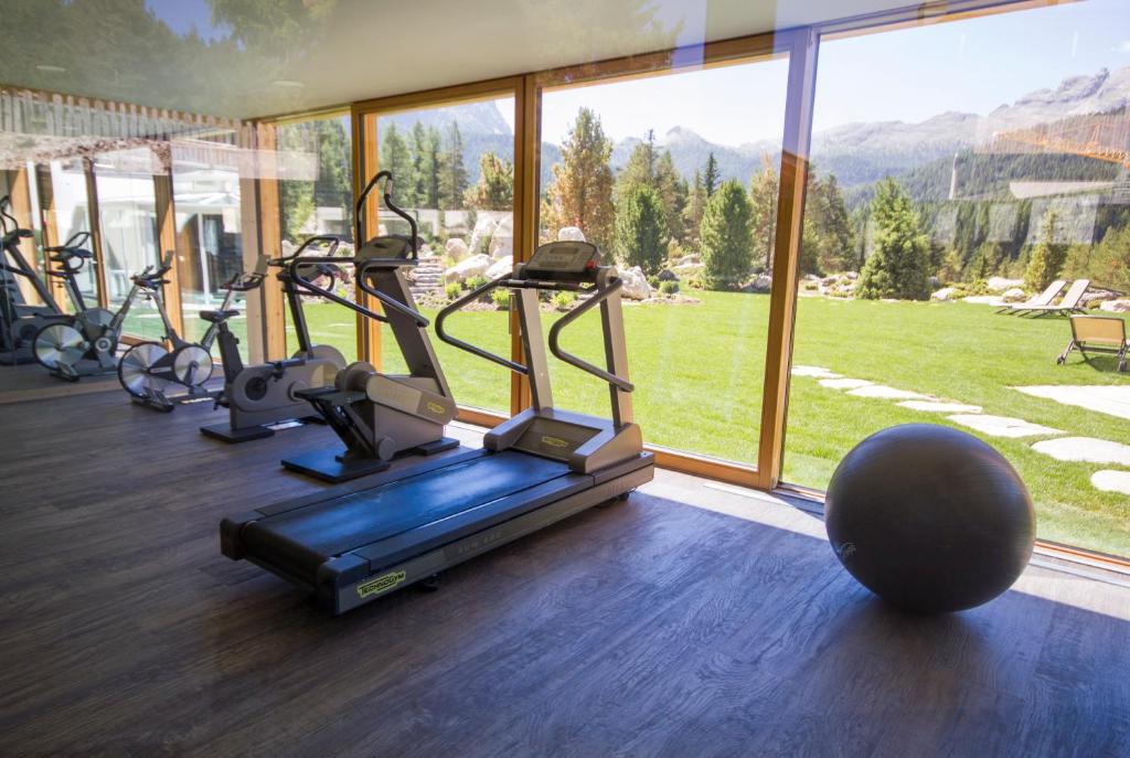 Gym with treadmills and stationary bikes by large windows overlooking a green lawn and mountain scenery; a large black exercise ball on the floor.